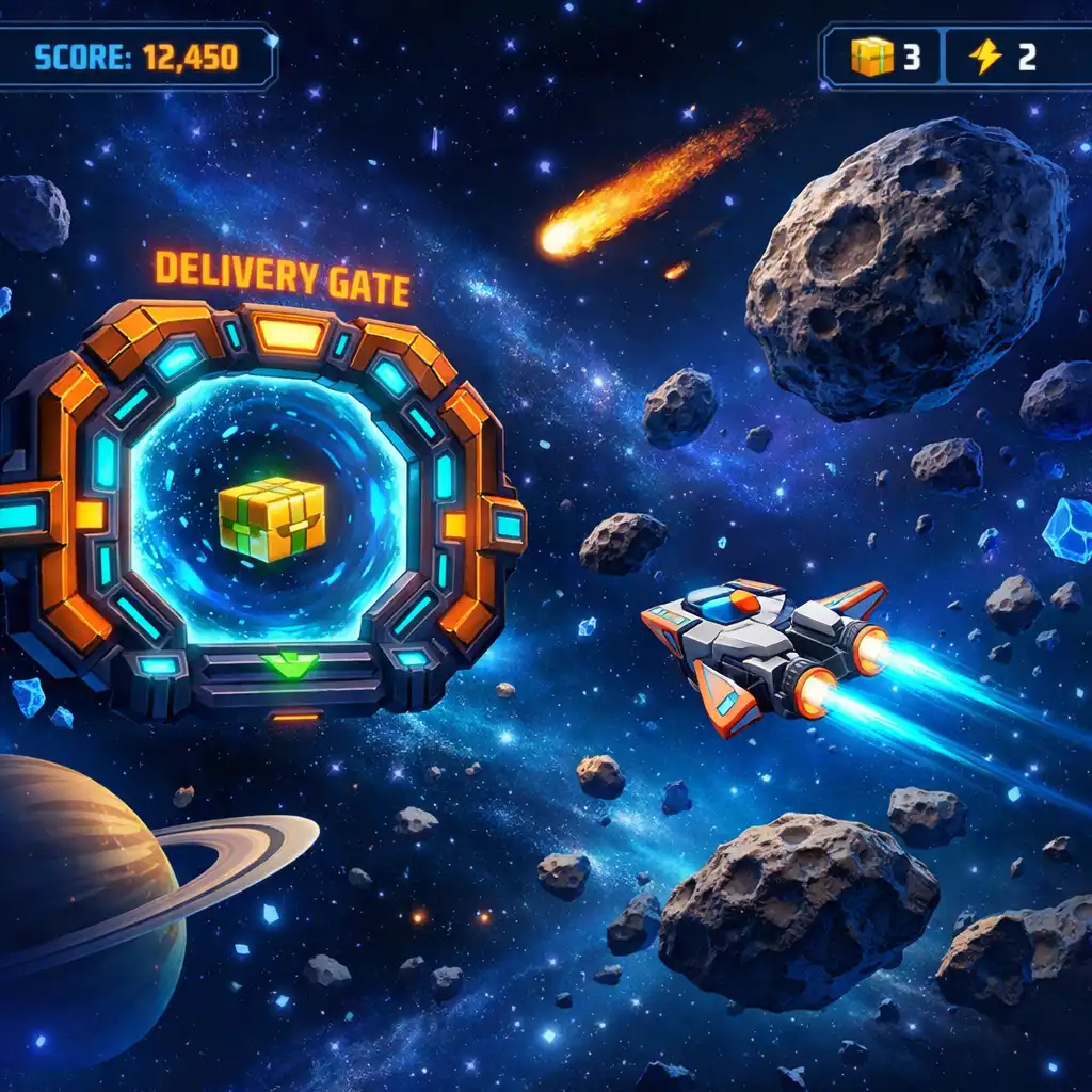 Screenshot aus Tiny Comet Courier, der das Courier-Schiff zwischen Liefertoren und Asteroiden zeigt