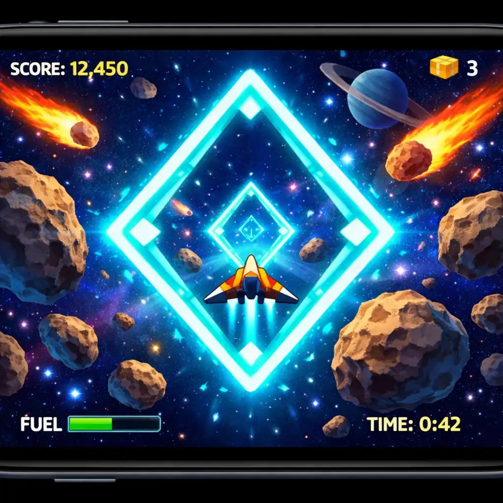 Gameplay von Tiny Comet Courier: Ein Raumschiff fliegt durch ein Sternensystem mit Liefertoren und Hindernissen.