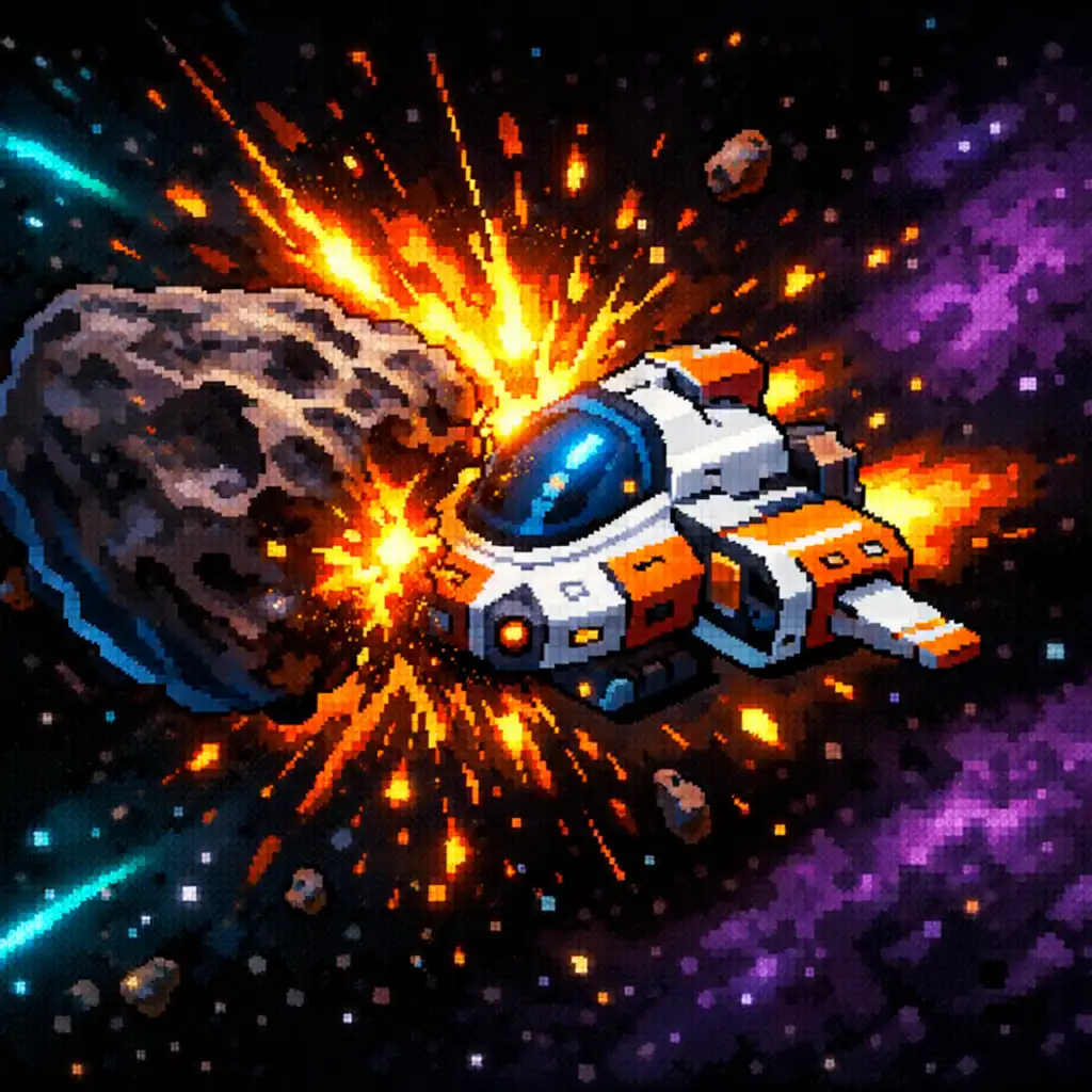 Screenshot von Tiny Comet Courier, der eine Kollision des Schiffs mit einem Asteroiden zeigt, mit Explosionseffekten