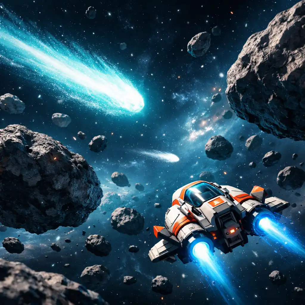 Screenshot von Tiny Comet Courier mit dem Schiff, das durch ein Feld aus Asteroiden und Kometen navigiert