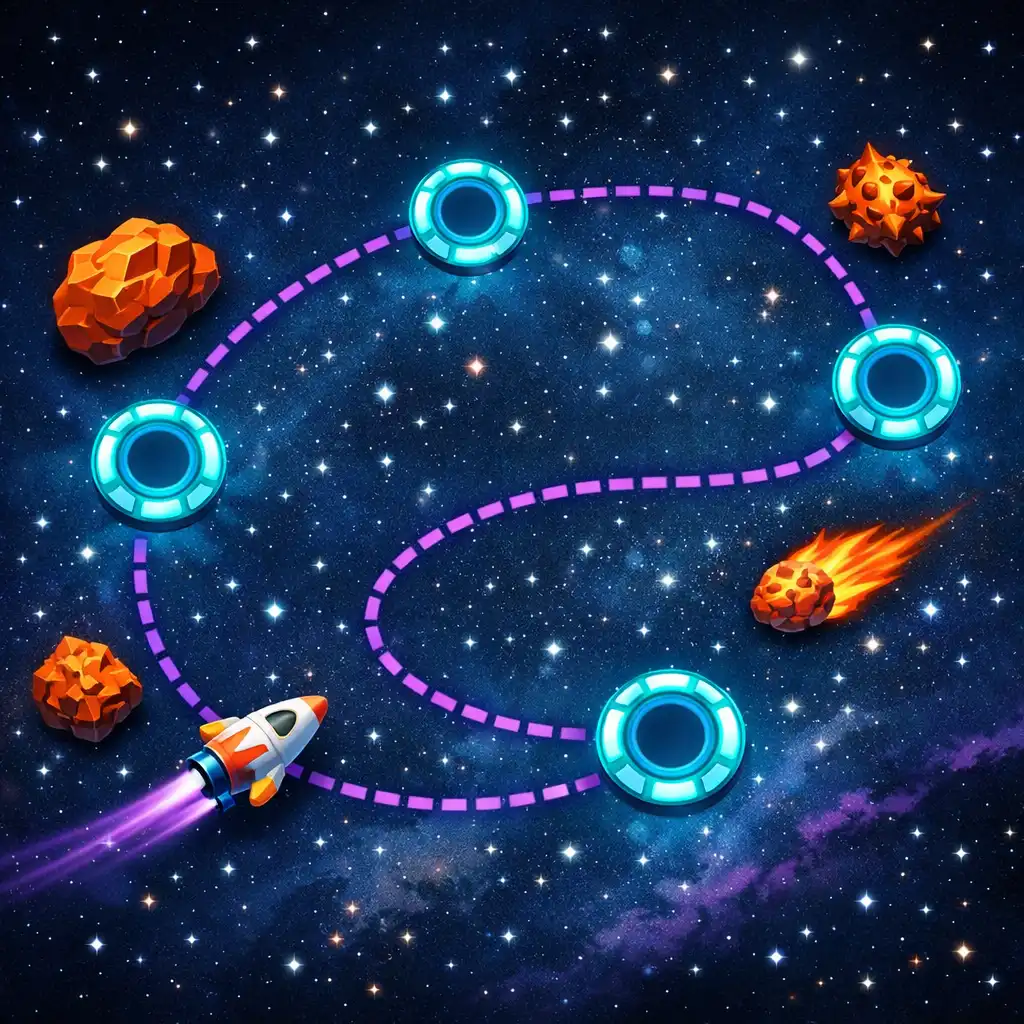 Illustration einer perfekten Route durch Liefertore, die Asteroiden und Kometen geschickt umgeht