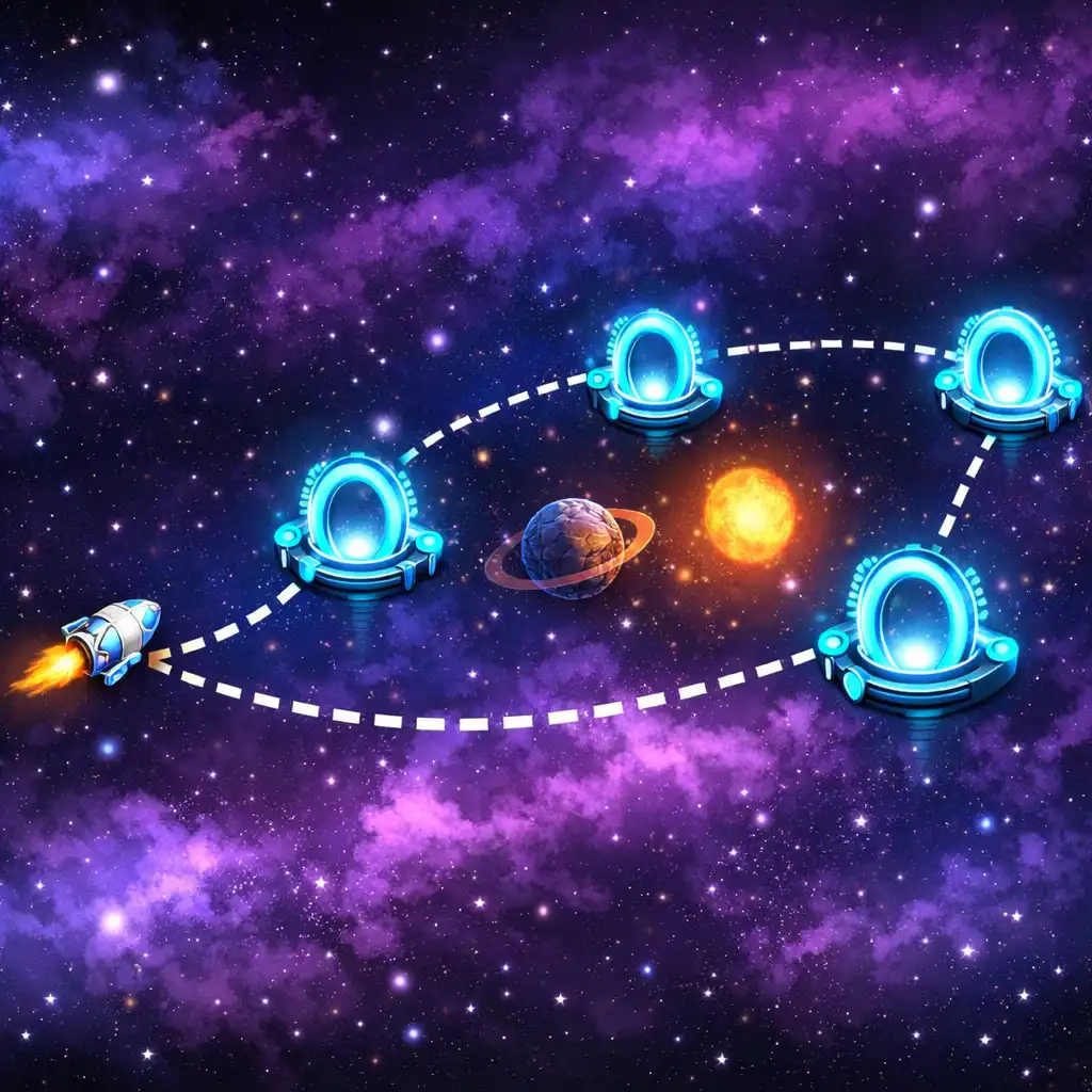 Screenshot von Tiny Comet Courier mit einer geplanten Route durch Liefertore, markiert durch eine gestrichelte Linie