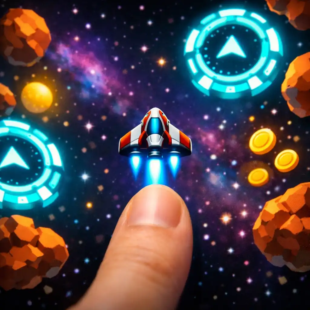 Gameplay-Screenshot von Tiny Comet Courier mit dem Schiff und einem Finger unterhalb des Schiffs für die Ein-Touch-Steuerung