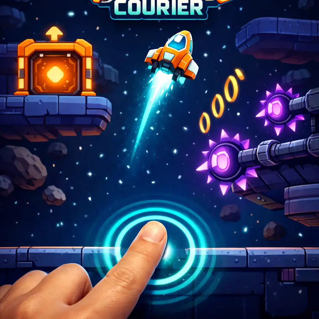 One-Touch-Steuerung in Tiny Comet Courier: Eine Hand tippt auf den Bildschirm, während das Schiff nach oben steuert