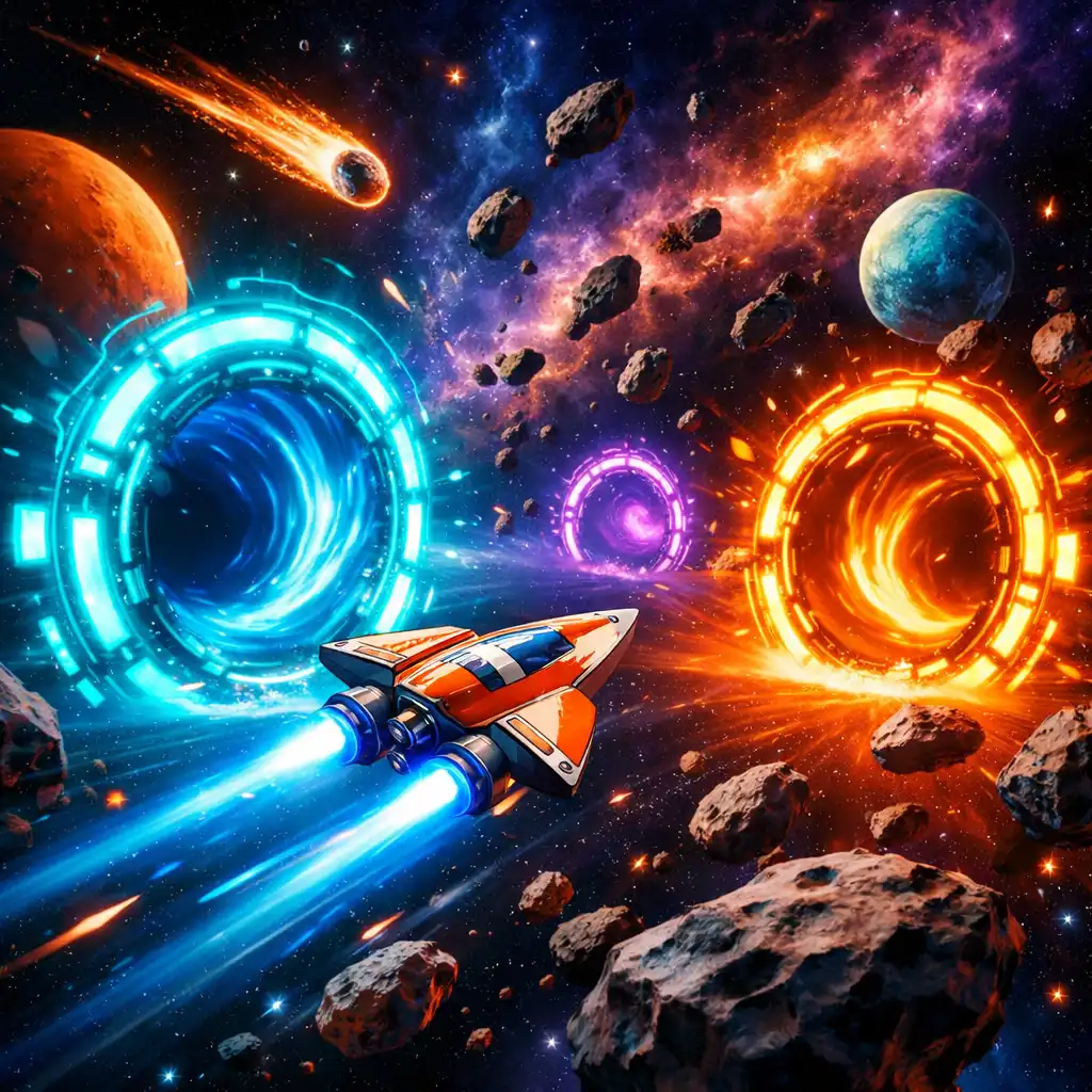 Tiny Comet Courier Gameplay: Ein Kurierschiff fliegt durch ein buntes Sternensystem mit Liefertoren, Asteroiden und Kometen