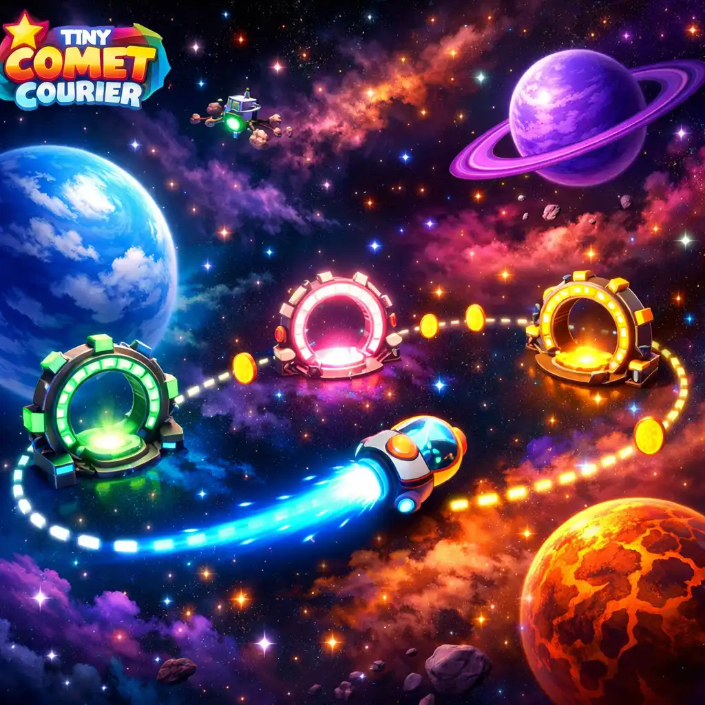 Die Spielwelt von Tiny Comet Courier: Farbenfrohe Sternensysteme mit Planeten, Nebeln und Liefertoren